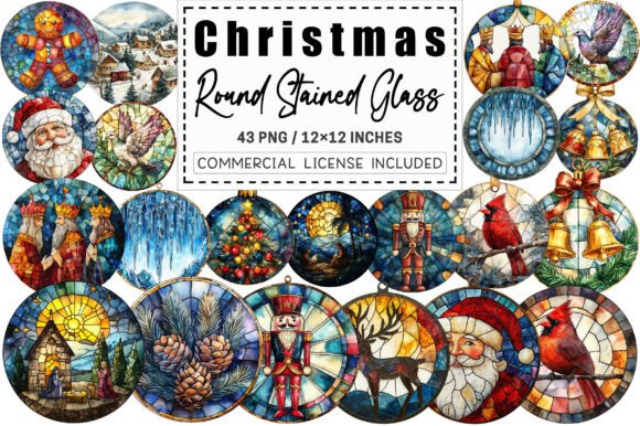 Christmas Round Stained Glass Clipart: Illustrations for Festive Web Design