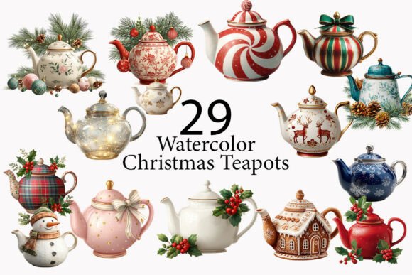 Christmas Teapots Watercolor Clipart: Illustrations for Crafters