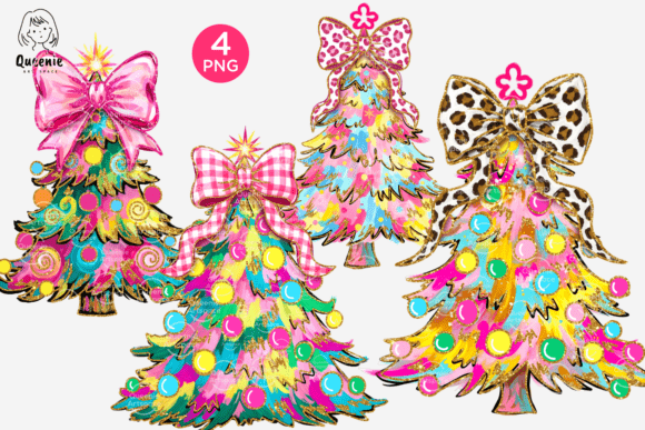 Colorful Coquette Pink Christmas Tree Illustrations