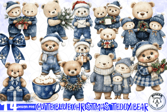 Cute Blue Christmas Teddy Bear PNG for Illustrations