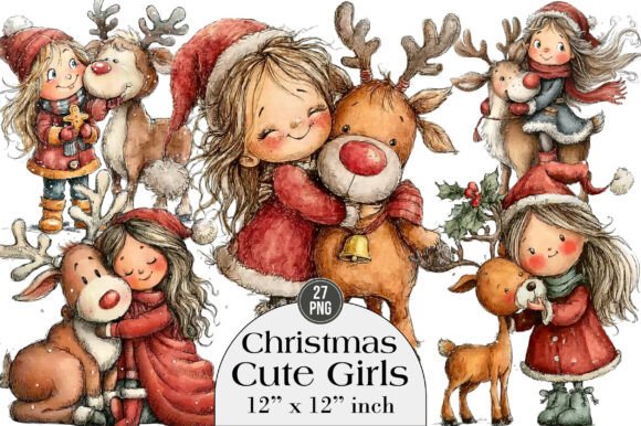 Cute Christmas Girls Clipart: Festive Illustrations