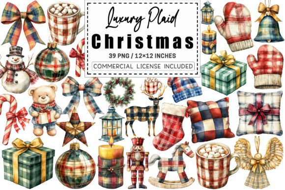 Luxury Plaid Christmas Clipart: Premium Illustrations
