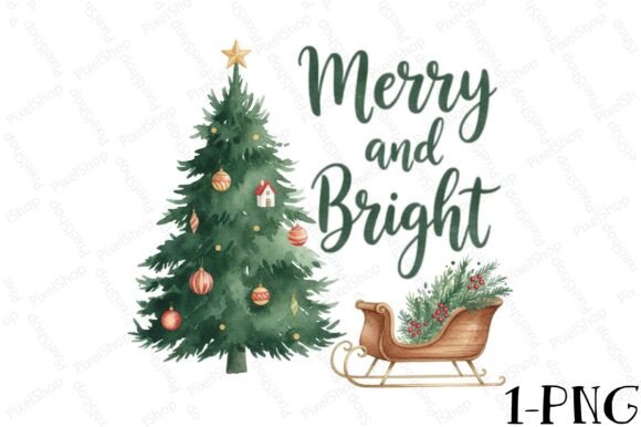 Merry Bright Watercolor Christmas Tree for T-Shirt Designs