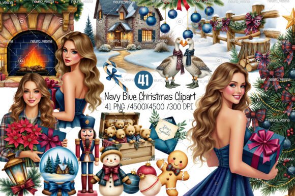 Navy Blue Christmas Clipart: Elegant Illustrations