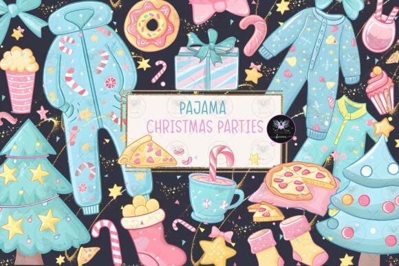 Pajama Christmas Party Clipart: Festive Illustrations for Design