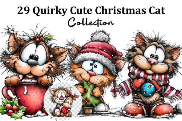 Quirky Cute Cartoon Christmas Cat Clipar Illustrations