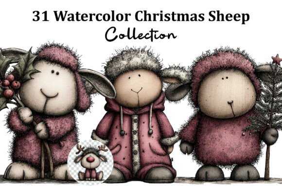 Watercolor Christmas Sheep Clipart for Illustrations