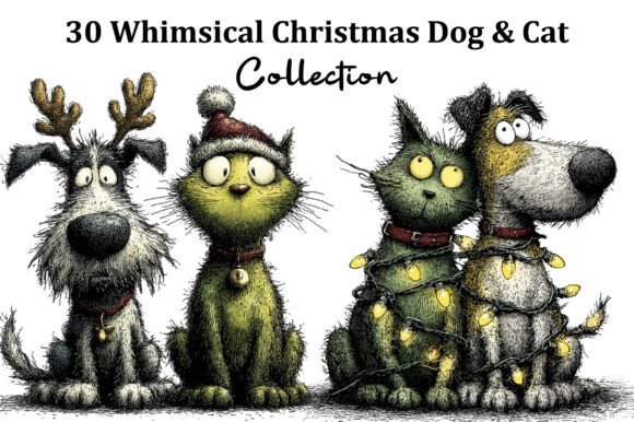 Whimsical Christmas Dog Cat Clipart & Illustrations